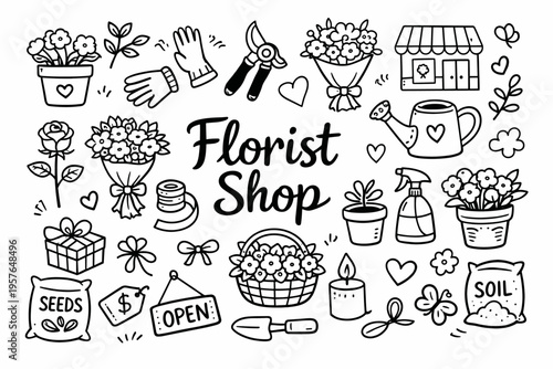 Florist shop doodle illustration in black and white hand drawn outline style with flowers, bouquet wrapping and garden tools
