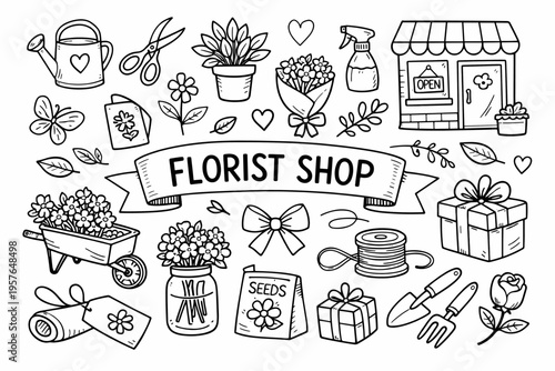 Florist shop doodle illustration in black and white hand drawn outline style with flowers, bouquet wrapping and garden tools