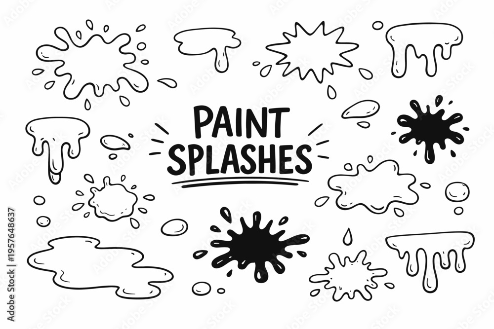 custom made wallpaper toronto digitalPaint splatters doodle illustration in black and white hand drawn outline style with artistic stains, drips and creative design elements