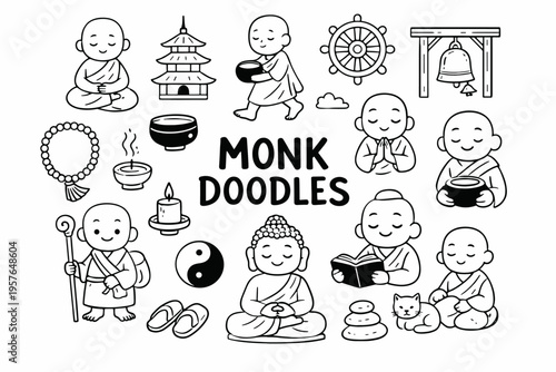 Monk doodle illustration in black and white hand drawn outline style with meditation, spirituality and buddhist symbols