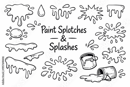 Wallpaper Mural Paint splatters doodle illustration in black and white hand drawn outline style with artistic stains, drips and creative design elements Torontodigital.ca