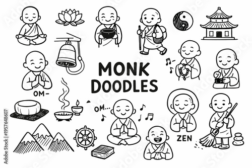 Monk doodle illustration in black and white hand drawn outline style with meditation, spirituality and buddhist symbols