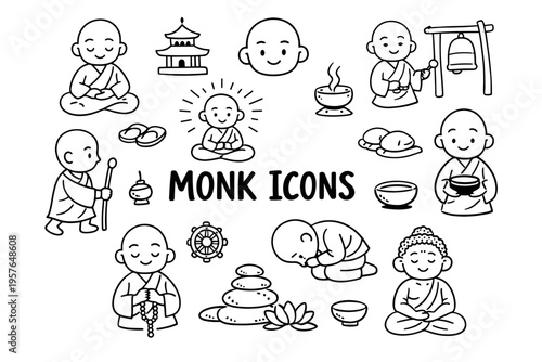 Monk doodle illustration in black and white hand drawn outline style with meditation, spirituality and buddhist symbols