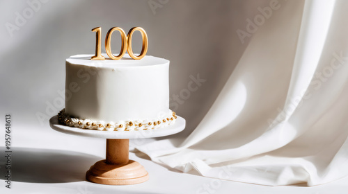 White celebration cake with golden 100 on top for a centenary birthday or significant milestone event