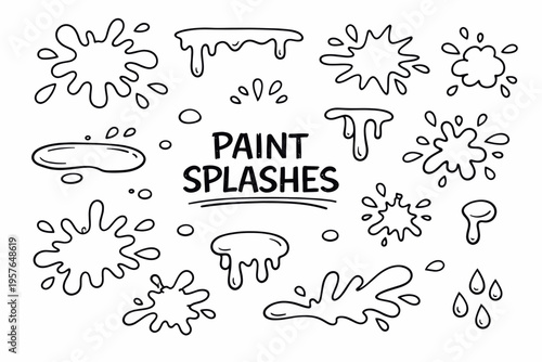 Wallpaper Mural Paint splatters doodle illustration in black and white hand drawn outline style with artistic stains, drips and creative design elements Torontodigital.ca
