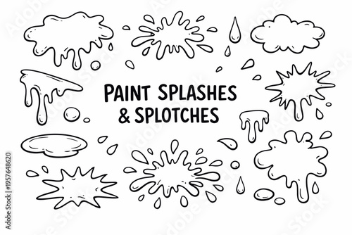 Wallpaper Mural Paint splatters doodle illustration in black and white hand drawn outline style with artistic stains, drips and creative design elements Torontodigital.ca