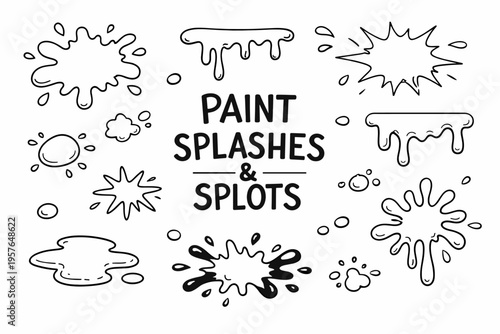 Wallpaper Mural Paint splatters doodle illustration in black and white hand drawn outline style with artistic stains, drips and creative design elements Torontodigital.ca