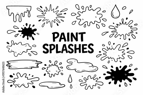 Wallpaper Mural Paint splatters doodle illustration in black and white hand drawn outline style with artistic stains, drips and creative design elements Torontodigital.ca