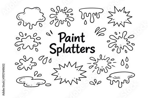 Wallpaper Mural Paint splatters doodle illustration in black and white hand drawn outline style with artistic stains, drips and creative design elements Torontodigital.ca