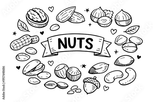 Nuts doodle illustration in black and white hand drawn outline style with mixed healthy snack and organic food elements