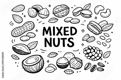 Nuts doodle illustration in black and white hand drawn outline style with mixed healthy snack and organic food elements