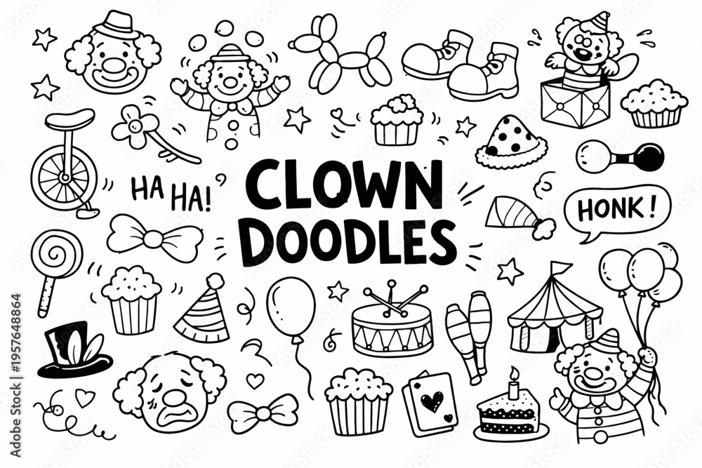 Fototapeta premium Clown doodle illustration in black and white hand drawn outline style with funny circus character and playful show elements