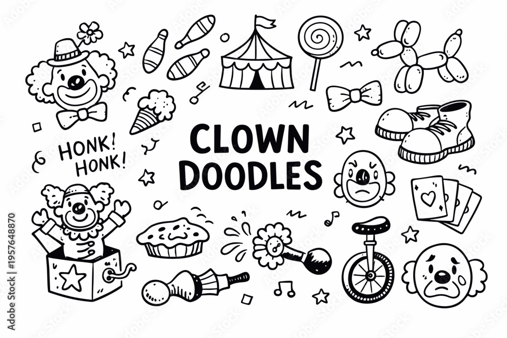 Fototapeta premium Clown doodle illustration in black and white hand drawn outline style with funny circus character and playful show elements