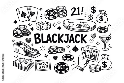 Blackjack doodle illustration in black and white hand drawn outline style with casino cards chips and gambling symbols
