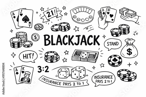 Blackjack doodle illustration in black and white hand drawn outline style with casino cards chips and gambling symbols