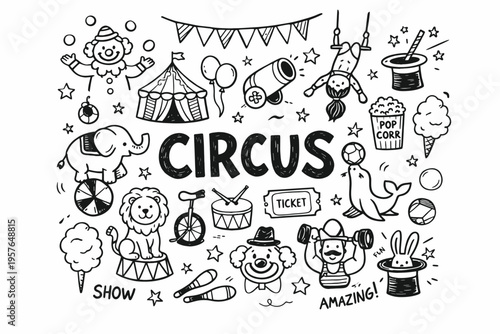 Circus doodle illustration in black and white hand drawn outline style with performers animals and carnival show elements