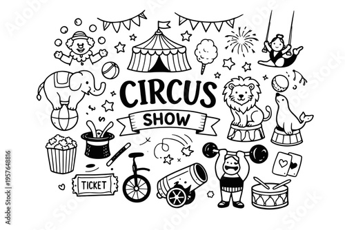 Circus doodle illustration in black and white hand drawn outline style with performers animals and carnival show elements