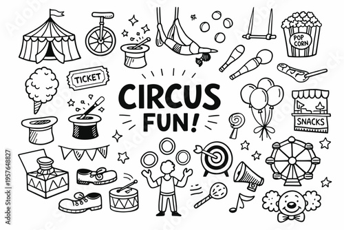Circus doodle illustration in black and white hand drawn outline style with performers animals and carnival show elements