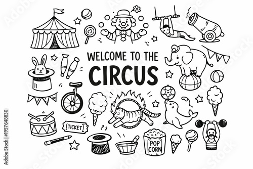 Circus doodle illustration in black and white hand drawn outline style with performers animals and carnival show elements
