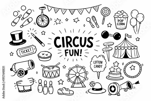 Circus doodle illustration in black and white hand drawn outline style with performers animals and carnival show elements