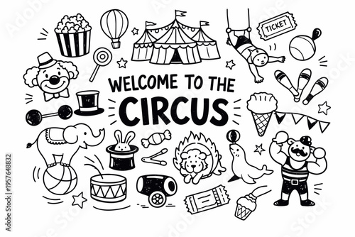 Circus doodle illustration in black and white hand drawn outline style with performers animals and carnival show elements