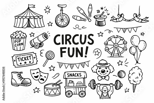 Circus doodle illustration in black and white hand drawn outline style with performers animals and carnival show elements