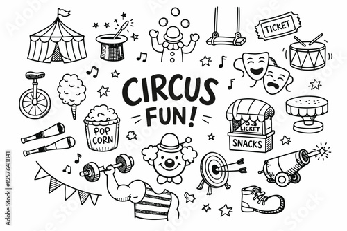 Circus doodle illustration in black and white hand drawn outline style with performers animals and carnival show elements