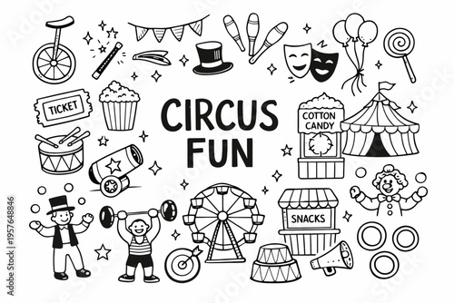Circus doodle illustration in black and white hand drawn outline style with performers animals and carnival show elements