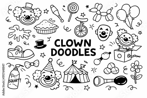 Clown doodle illustration in black and white hand drawn outline style with funny circus character and playful show elements
