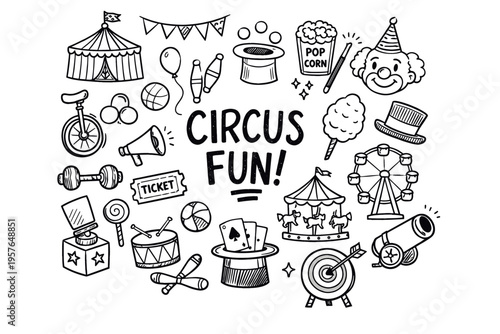 Circus doodle illustration in black and white hand drawn outline style with performers animals and carnival show elements