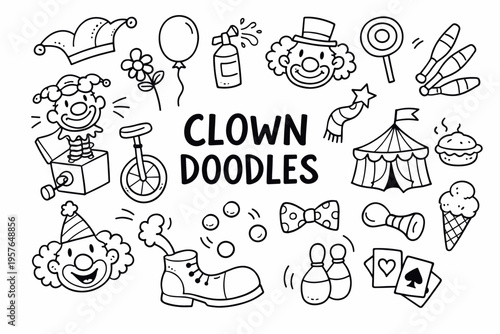 Clown doodle illustration in black and white hand drawn outline style with funny circus character and playful show elements