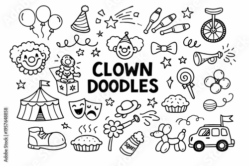 Clown doodle illustration in black and white hand drawn outline style with funny circus character and playful show elements