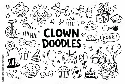 Clown doodle illustration in black and white hand drawn outline style with funny circus character and playful show elements