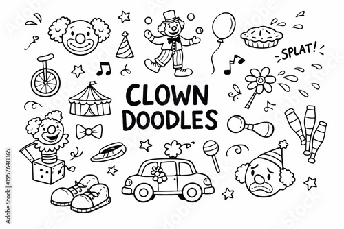 Clown doodle illustration in black and white hand drawn outline style with funny circus character and playful show elements
