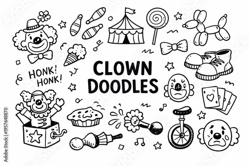 Clown doodle illustration in black and white hand drawn outline style with funny circus character and playful show elements