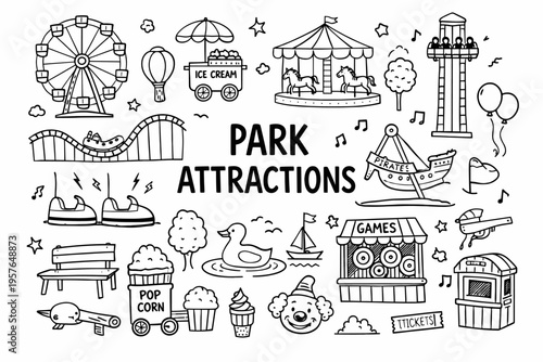 Amusement park doodle illustration in black and white hand drawn outline style with rides tickets sweets and funfair icons