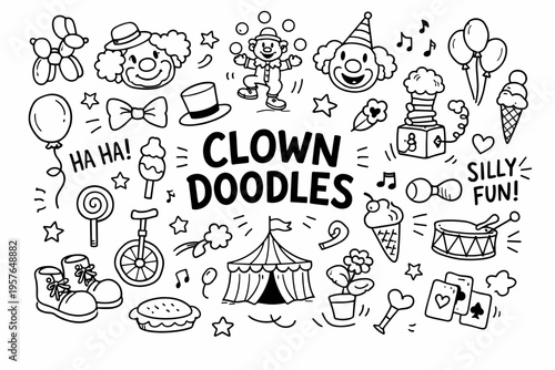 Clown doodle illustration in black and white hand drawn outline style with funny circus character and playful show elements