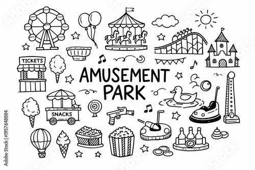 Amusement park doodle illustration in black and white hand drawn outline style with rides tickets sweets and funfair icons
