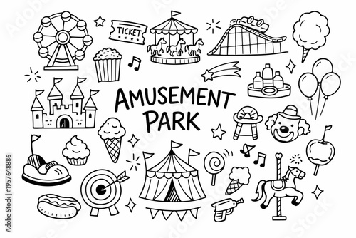 Amusement park doodle illustration in black and white hand drawn outline style with rides tickets sweets and funfair icons