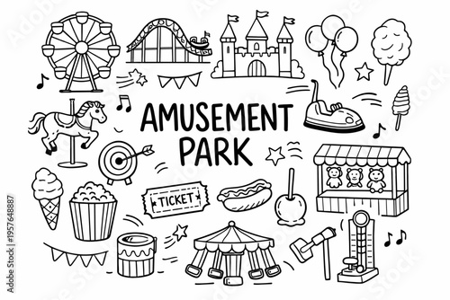 Amusement park doodle illustration in black and white hand drawn outline style with rides tickets sweets and funfair icons