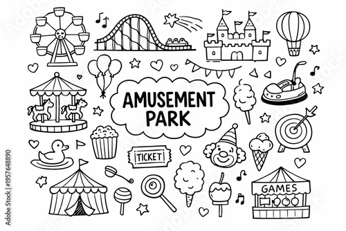 Amusement park doodle illustration in black and white hand drawn outline style with rides tickets sweets and funfair icons
