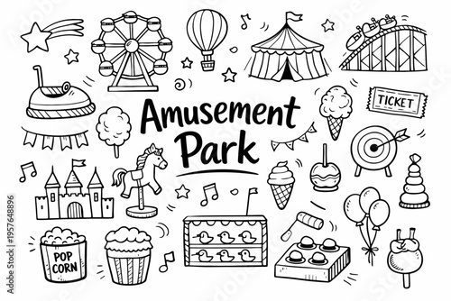 Amusement park doodle illustration in black and white hand drawn outline style with rides tickets sweets and funfair icons