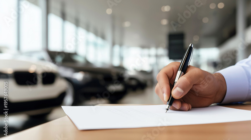 Person signing document for new car purchase in modern showroom, finalizing agreement and contract