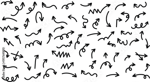 Hand-drawn Arrow Vector Icon Set. Simple Line Hand-drawn Black Arrow In Vector Style. Black Hand-drawn Arrow Sign Or Symbols. Vector Illustration