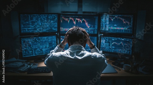 Stressed man looking at financial stock market charts showing falling prices on multiple computer monitors. Frustrated trader losing money during economic recession and crisis concept.