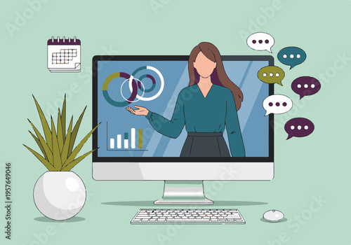 Woman presenting business data online during a virtual meeting or webinar