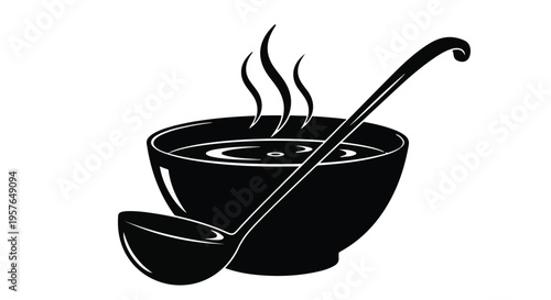 Hot soup bowl silhouette with ladle and steam isolated on white background for kitchen and food concepts