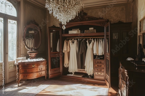 luxury wardrobe antique wooden closet placed inside classic interior creates elegant room atmosphere with vintage furniture luxury lifestyle feeling and neatly hanging shirt