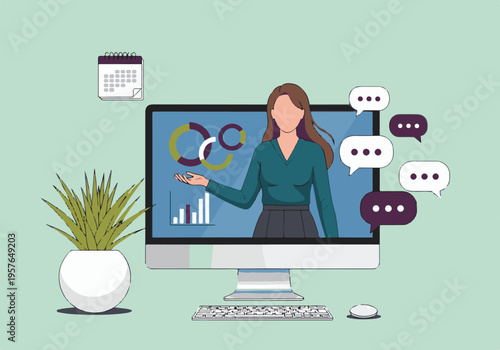 Businesswoman presenting data online via video call with chat communication