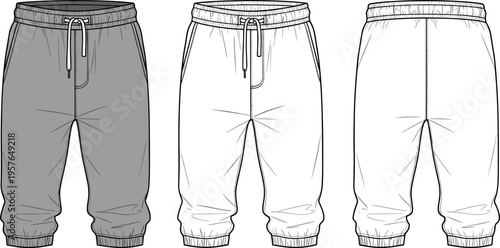 Men Jogger Pants Flat Fashion Technical Sketch Template, Sweatpants Vector Illustration